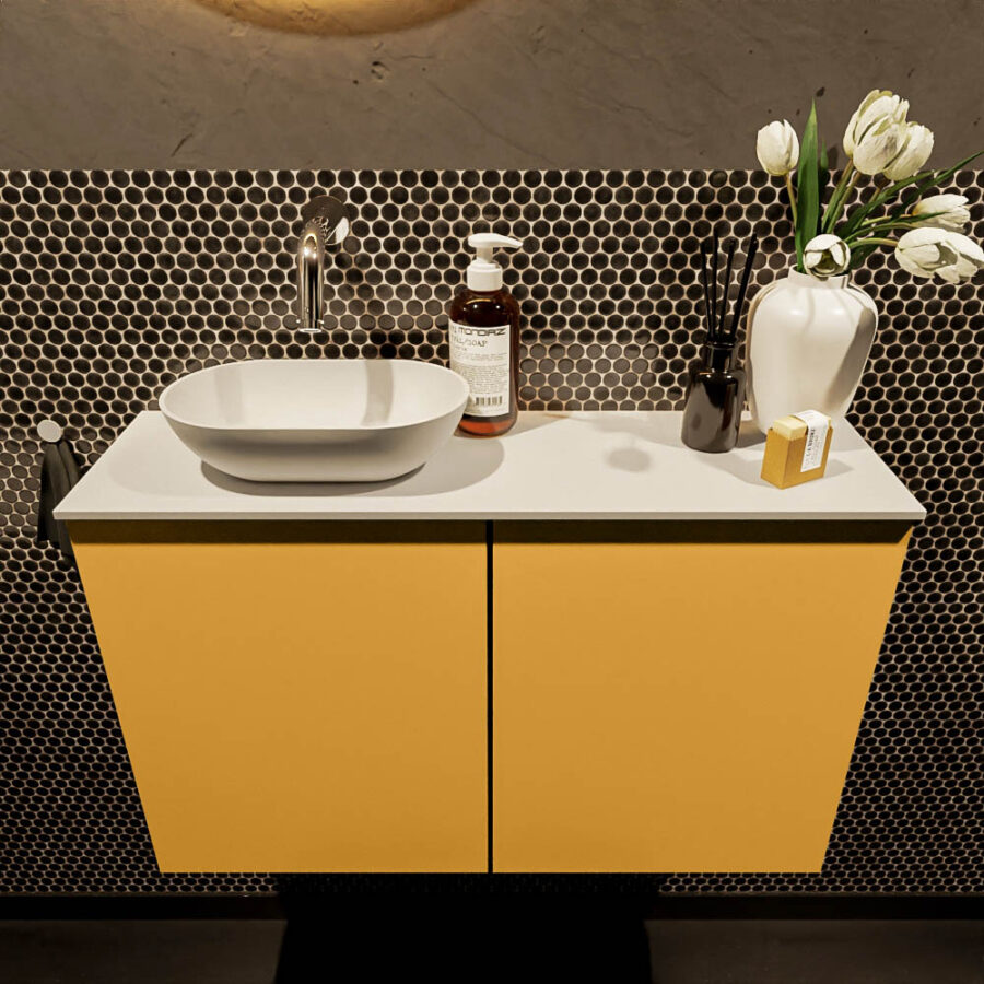 MONDIAZ FOWY toiletmeubel 80cm kleur ocher. Waskom positie links kleur talc | talc. Zonder kraangat - Afbeelding 2