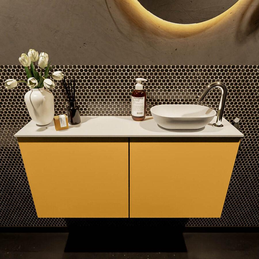 MONDIAZ FOWY toiletmeubel 100cm kleur ocher. Waskom positie rechts kleur talc | talc. Met 1 kraangat - Afbeelding 2