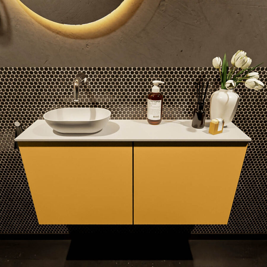 MONDIAZ FOWY toiletmeubel 100cm kleur ocher. Waskom positie links kleur talc | talc. Zonder kraangat - Afbeelding 2