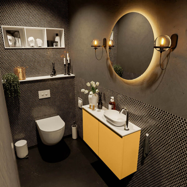 MONDIAZ FOWY toiletmeubel 80cm kleur ocher. Waskom positie rechts kleur talc | talc. Met 1 kraangat
