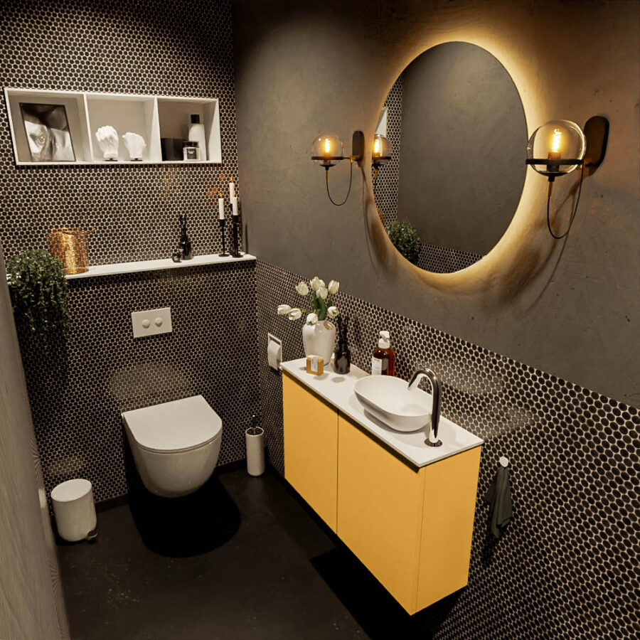 MONDIAZ FOWY toiletmeubel 80cm kleur ocher. Waskom positie rechts kleur talc | talc. Met 1 kraangat