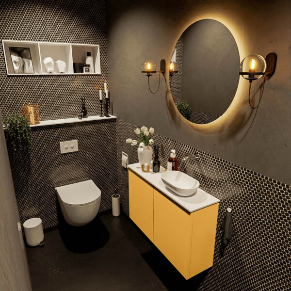 MONDIAZ FOWY toiletmeubel 80cm kleur ocher. Waskom positie rechts kleur talc | talc. Zonder kraangat