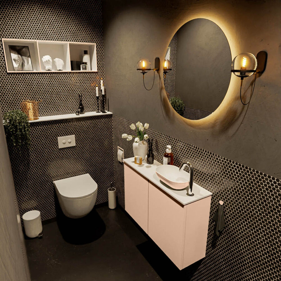 MONDIAZ FOWY toiletmeubel 80cm kleur rosee. Waskom positie rechts kleur rosee | talc. Met 1 kraangat