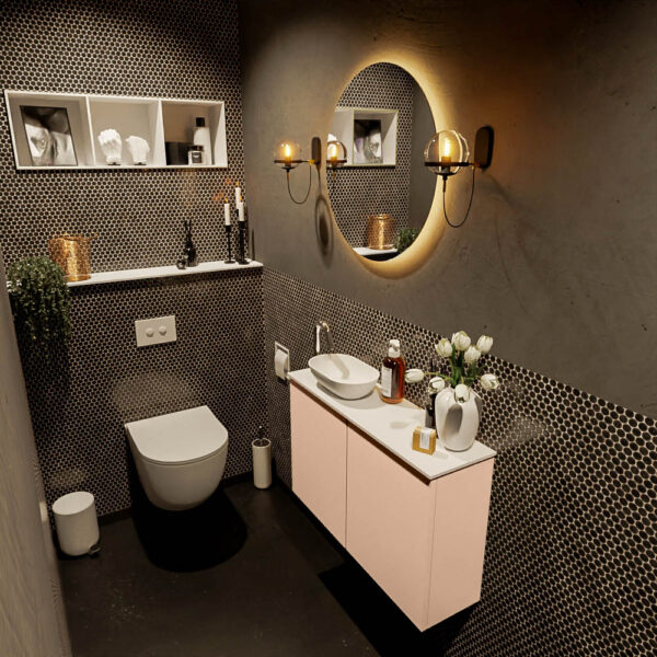MONDIAZ FOWY toiletmeubel 80cm kleur rosee. Waskom positie links kleur talc | talc. Met 1 kraangat