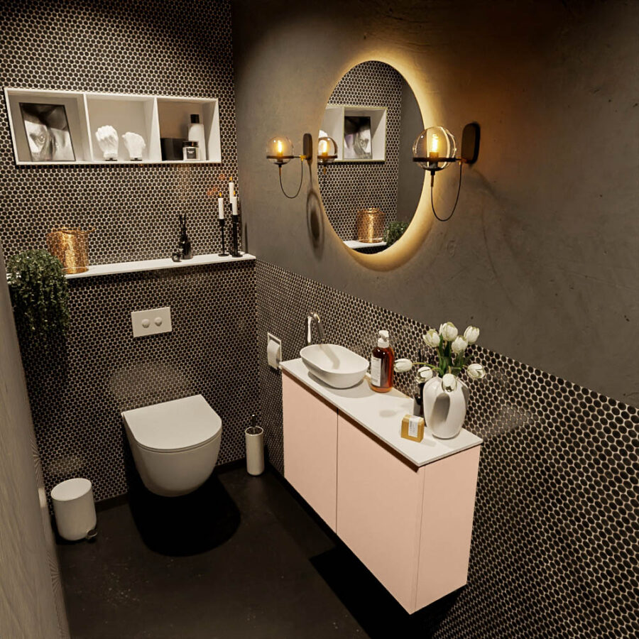 MONDIAZ FOWY toiletmeubel 80cm kleur rosee. Waskom positie links kleur talc | talc. Met 1 kraangat