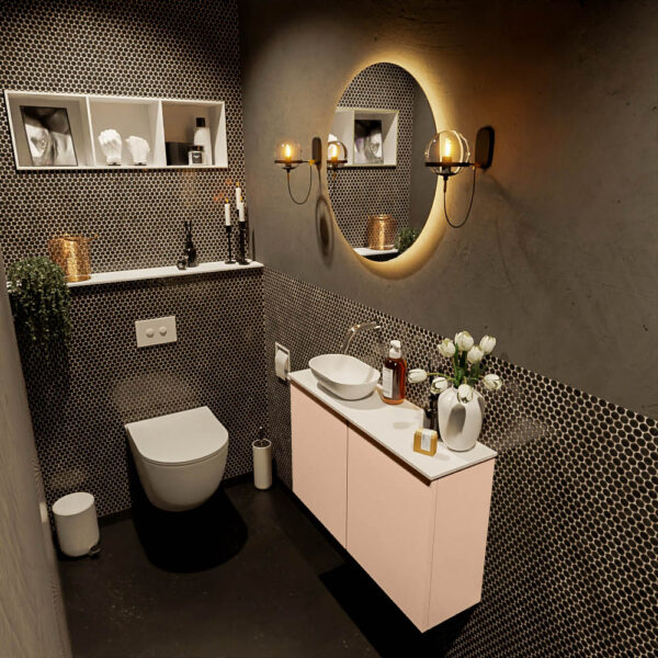 MONDIAZ FOWY toiletmeubel 80cm kleur rosee. Waskom positie links kleur talc | talc. Zonder kraangat