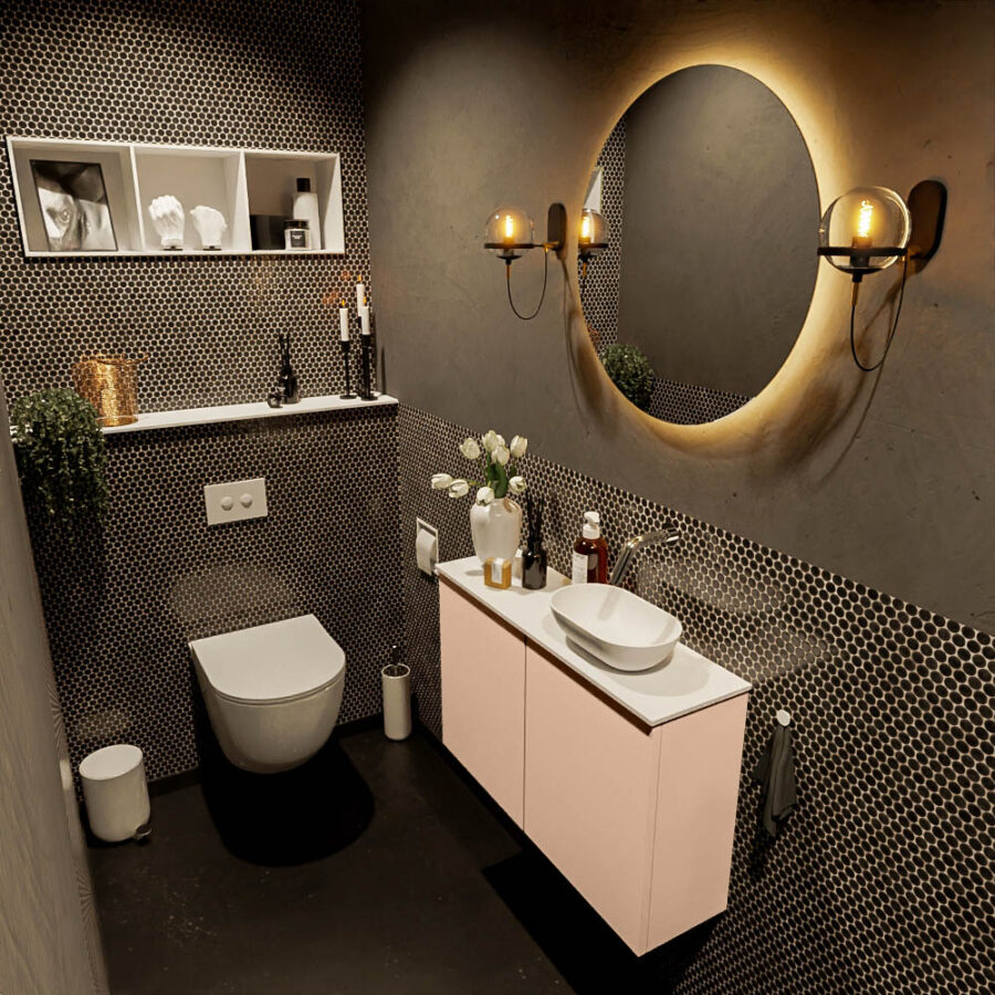 MONDIAZ FOWY toiletmeubel 80cm kleur rosee. Waskom positie rechts kleur talc | talc. Zonder kraangat