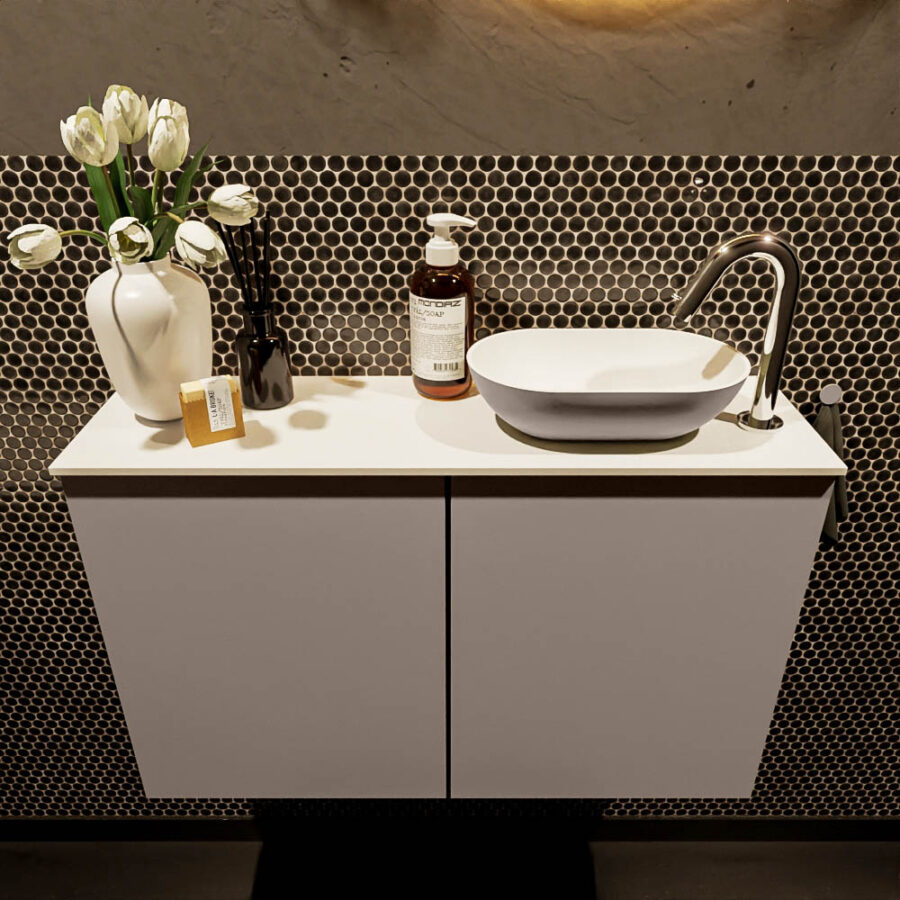 MONDIAZ FOWY toiletmeubel 80cm kleur smoke. Waskom positie rechts kleur smoke | talc. Met 1 kraangat - Afbeelding 2