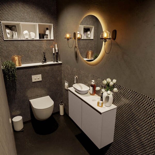MONDIAZ FOWY toiletmeubel 80cm kleur smoke. Waskom positie links kleur smoke | talc. Met 1 kraangat