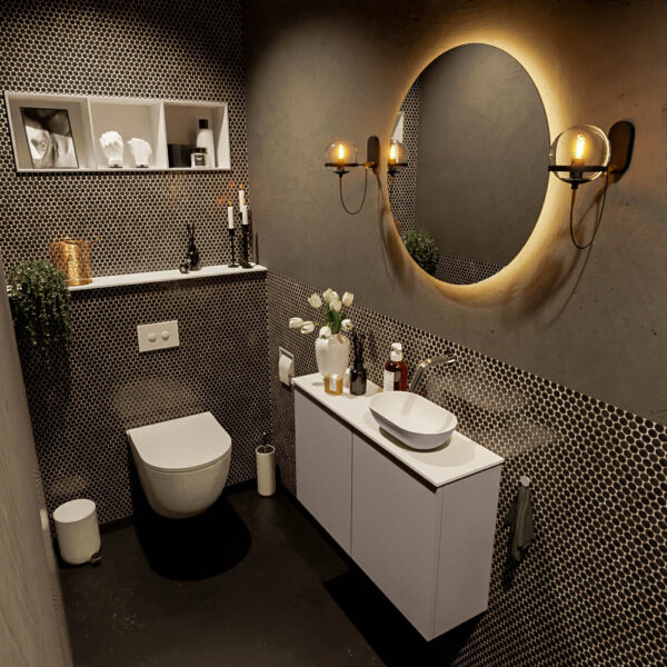 MONDIAZ FOWY toiletmeubel 80cm kleur smoke. Waskom positie rechts kleur smoke | talc. Zonder kraangat