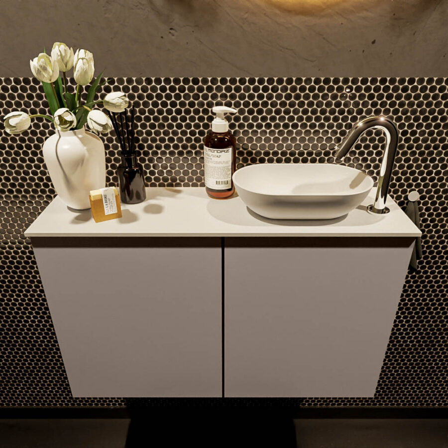 MONDIAZ FOWY toiletmeubel 80cm kleur smoke. Waskom positie rechts kleur talc | talc. Met 1 kraangat - Afbeelding 2