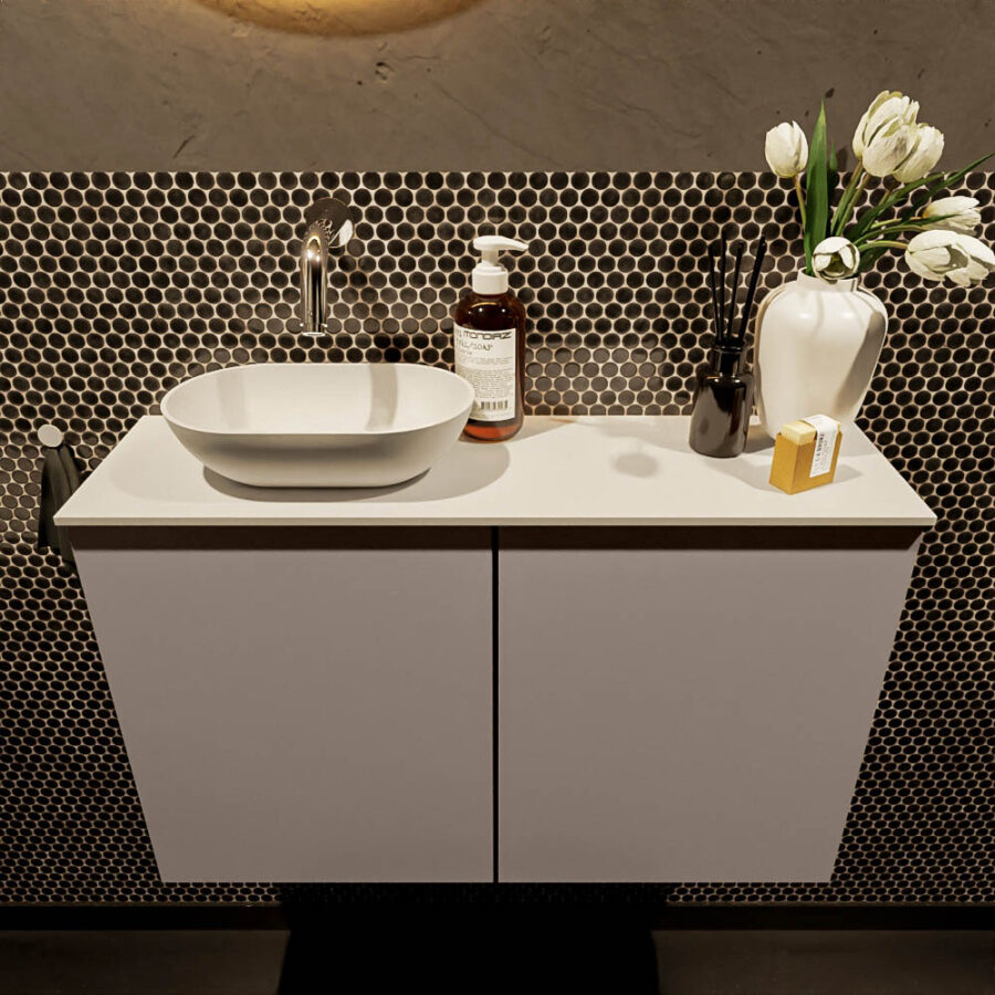 MONDIAZ FOWY toiletmeubel 80cm kleur smoke. Waskom positie links kleur talc | talc. Zonder kraangat - Afbeelding 2