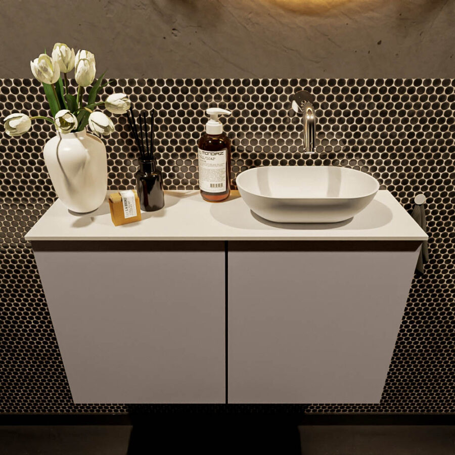 MONDIAZ FOWY toiletmeubel 80cm kleur smoke. Waskom positie rechts kleur talc | talc. Zonder kraangat - Afbeelding 2