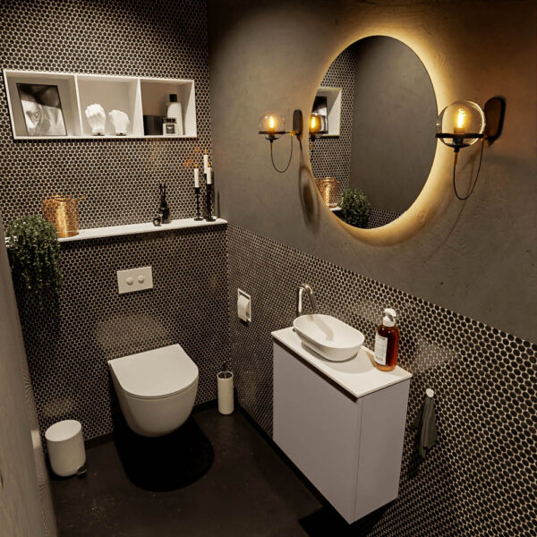 MONDIAZ FOWY toiletmeubel 50cm kleur smoke. Waskom positie links kleur talc | talc. Met 1 kraangat
