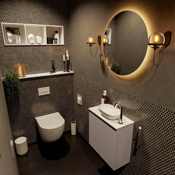 MONDIAZ FOWY toiletmeubel 50cm kleur smoke. Waskom positie rechts kleur talc | talc. Met 1 kraangat