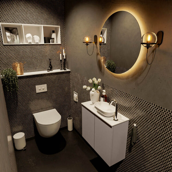 MONDIAZ FOWY toiletmeubel 60cm kleur smoke. Waskom positie rechts kleur talc | talc. Met 1 kraangat
