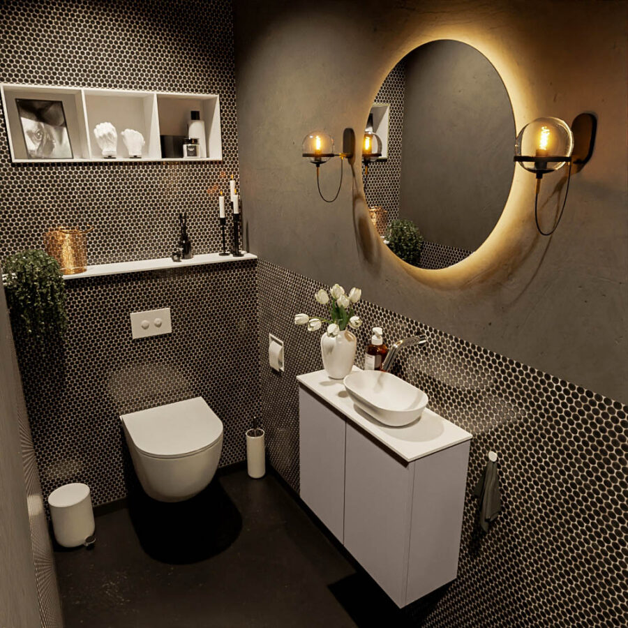 MONDIAZ FOWY toiletmeubel 60cm kleur smoke. Waskom positie rechts kleur talc | talc. Zonder kraangat