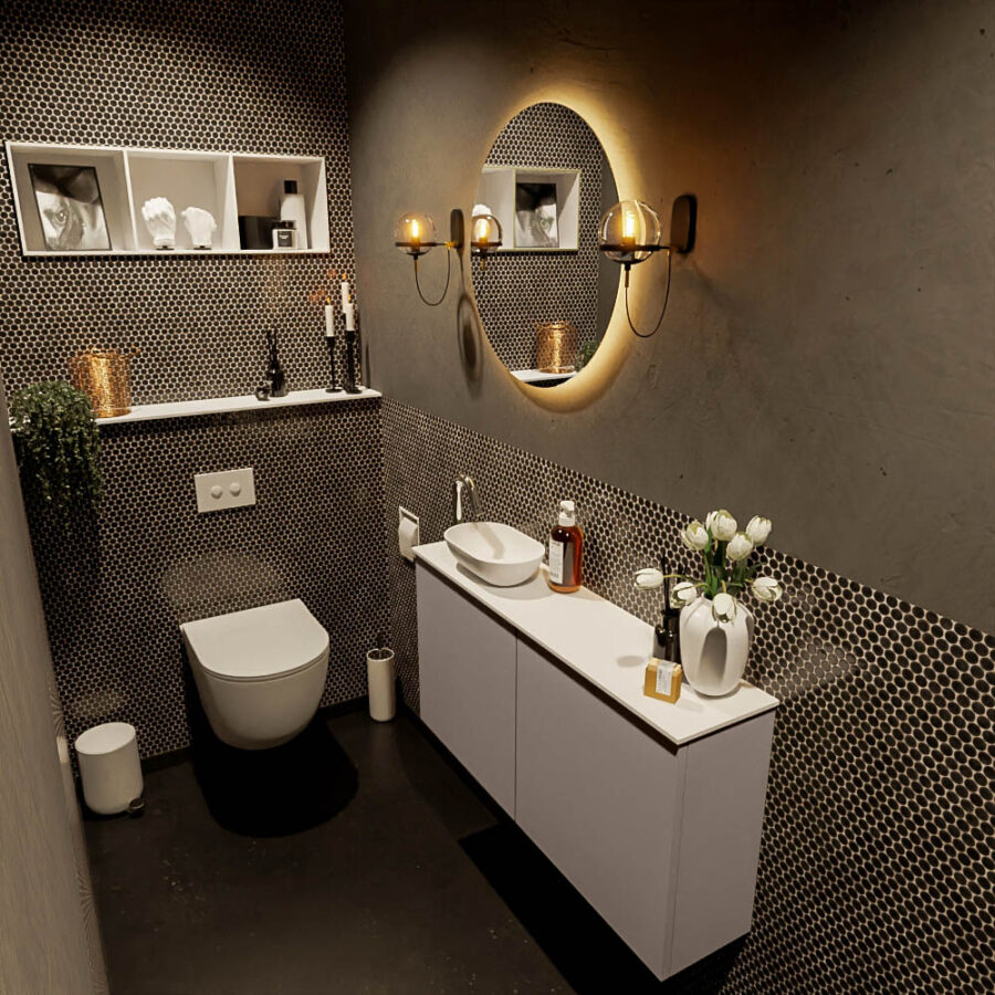 MONDIAZ FOWY toiletmeubel 100cm kleur smoke. Waskom positie links kleur talc | talc. Met 1 kraangat