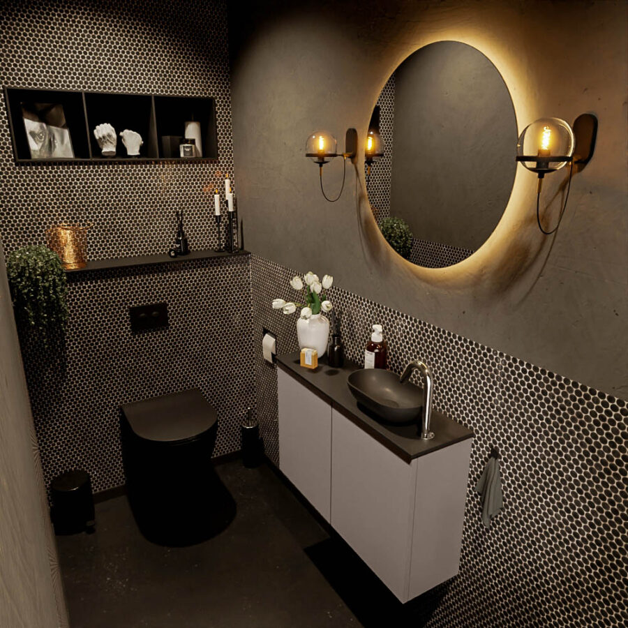 MONDIAZ FOWY toiletmeubel 80cm kleur smoke. Waskom positie rechts kleur urban | urban. Met 1 kraangat