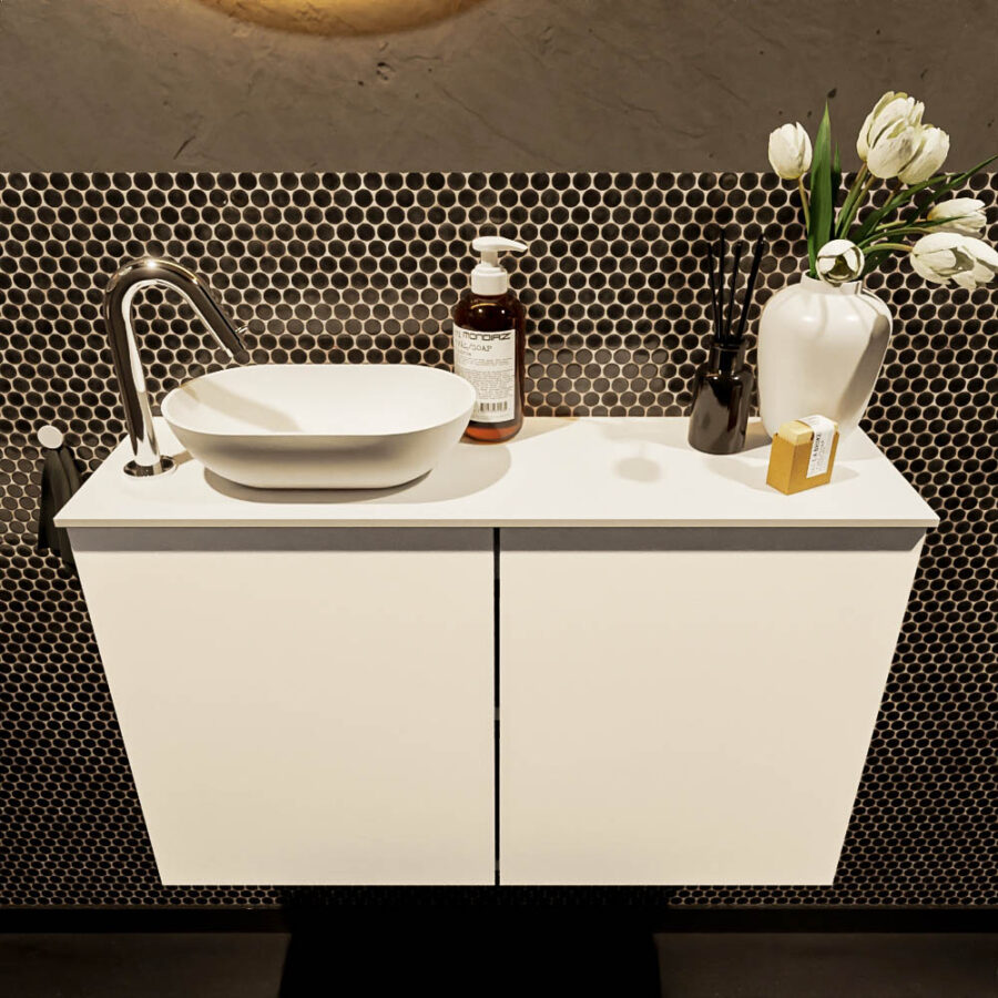 MONDIAZ FOWY toiletmeubel 80cm kleur talc. Waskom positie links kleur talc | talc. Met 1 kraangat - Afbeelding 2