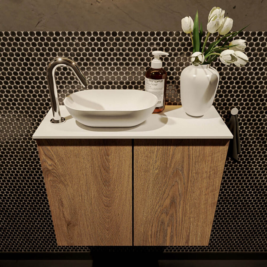 MONDIAZ FOWY toiletmeubel 60cm kleur washed oak. Waskom positie links kleur talc | talc. Met 1 kraangat - Afbeelding 2