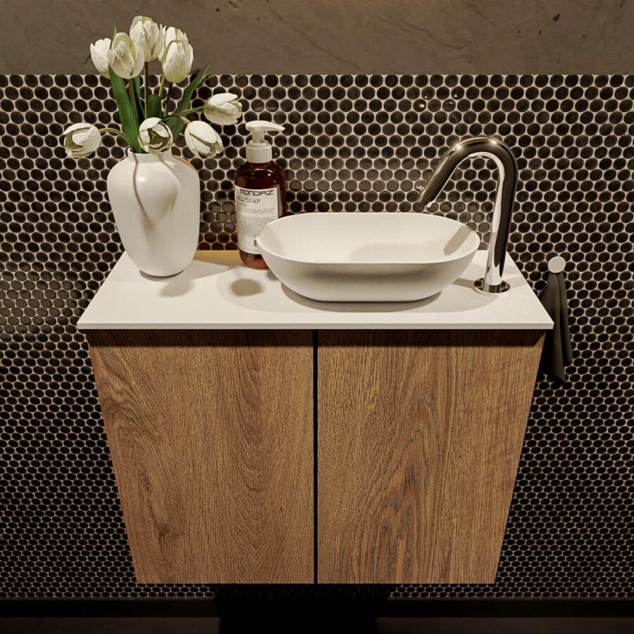 MONDIAZ FOWY toiletmeubel 60cm kleur washed oak. Waskom positie rechts kleur talc | talc. Met 1 kraangat - Afbeelding 2