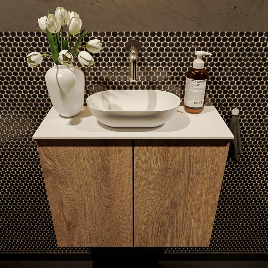 MONDIAZ FOWY toiletmeubel 60cm kleur washed oak. Waskom positie midden kleur talc | talc. Zonder kraangat - Afbeelding 2