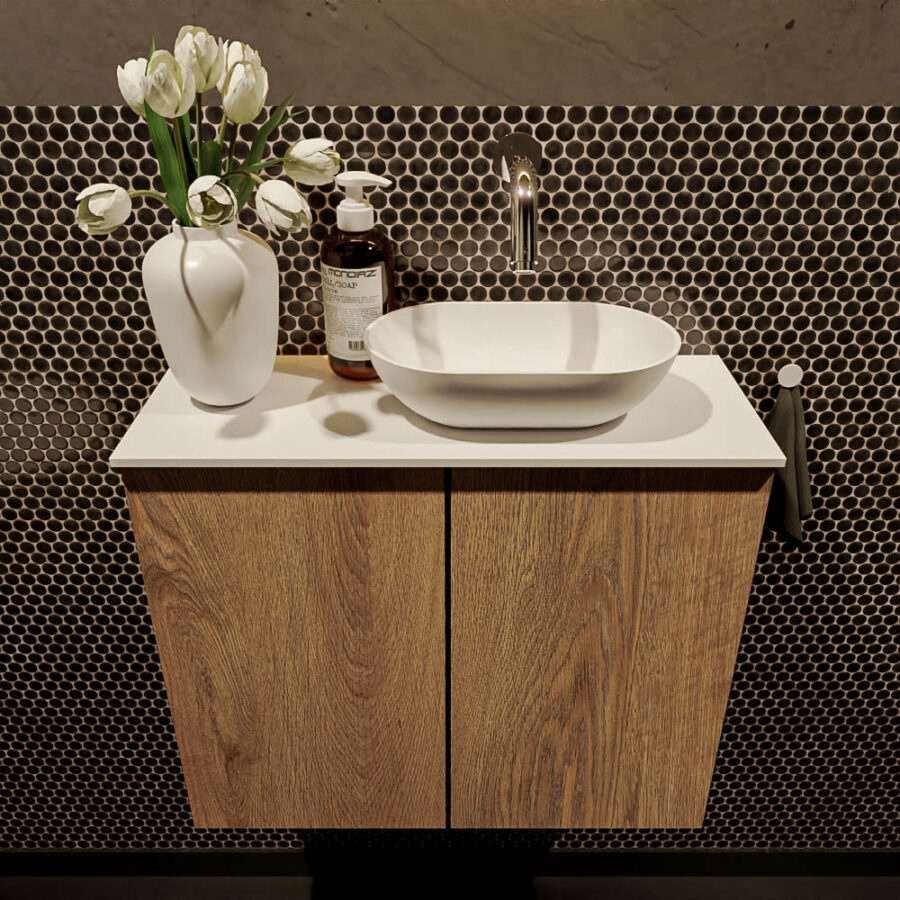 MONDIAZ FOWY toiletmeubel 60cm kleur washed oak. Waskom positie rechts kleur talc | talc. Zonder kraangat - Afbeelding 2