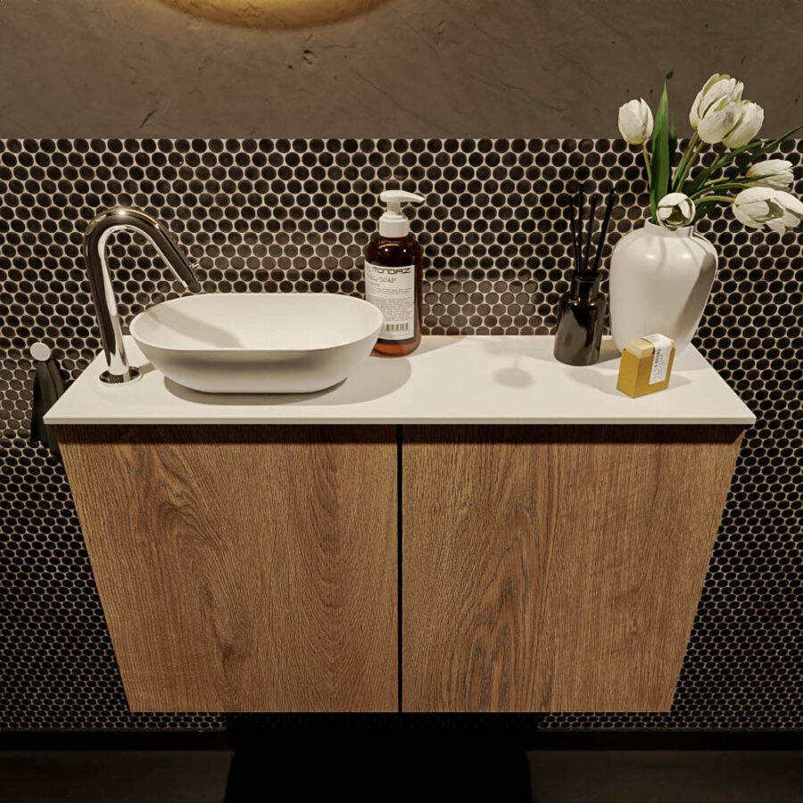 MONDIAZ FOWY toiletmeubel 80cm kleur washed oak. Waskom positie links kleur talc | talc. Met 1 kraangat - Afbeelding 2