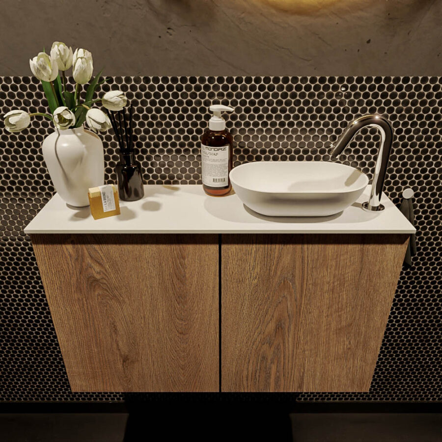 MONDIAZ FOWY toiletmeubel 80cm kleur washed oak. Waskom positie rechts kleur talc | talc. Met 1 kraangat - Afbeelding 2