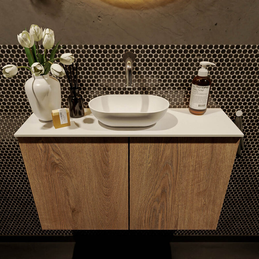 MONDIAZ FOWY toiletmeubel 80cm kleur washed oak. Waskom positie midden kleur talc | talc. Zonder kraangat - Afbeelding 2