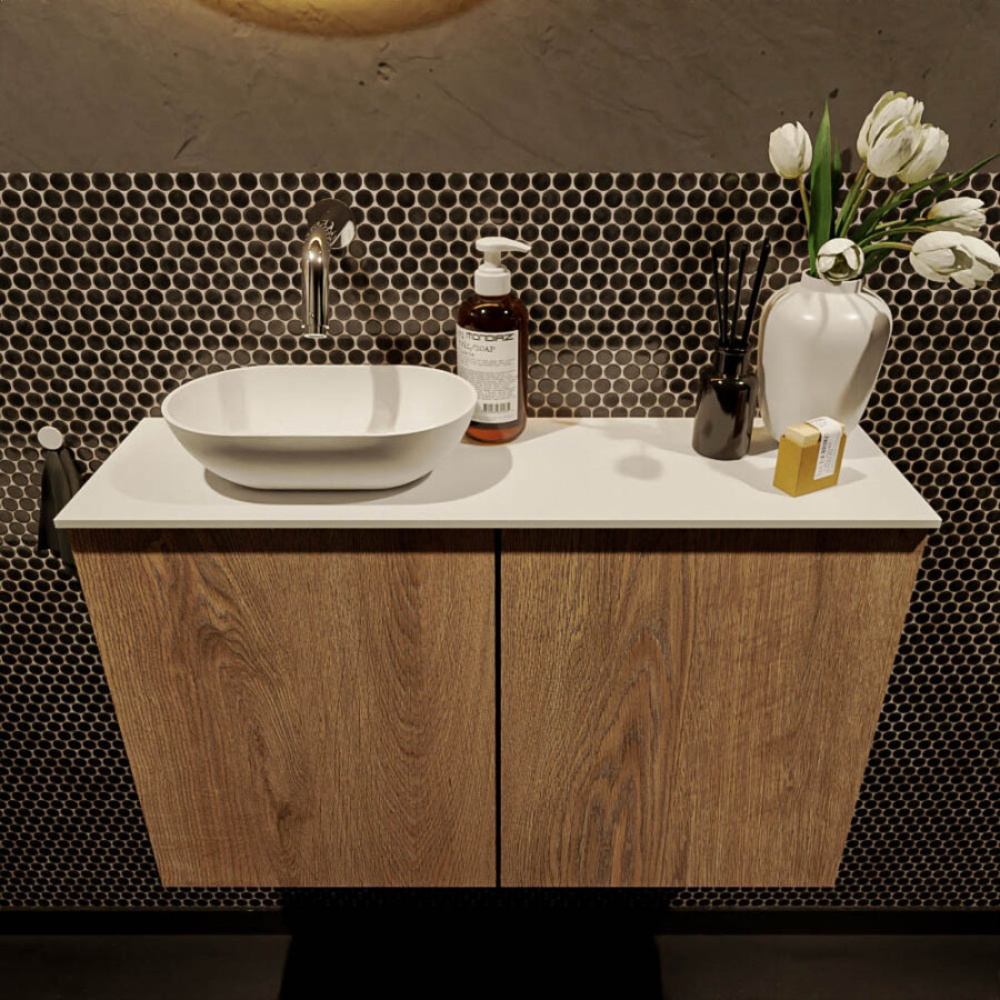MONDIAZ FOWY toiletmeubel 80cm kleur washed oak. Waskom positie links kleur talc | talc. Zonder kraangat - Afbeelding 2
