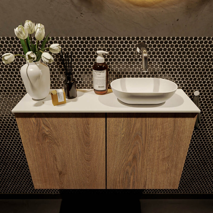 MONDIAZ FOWY toiletmeubel 80cm kleur washed oak. Waskom positie rechts kleur talc | talc. Zonder kraangat - Afbeelding 2