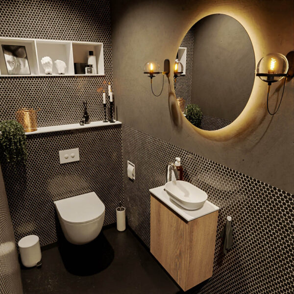 MONDIAZ FOWY toiletmeubel 40cm kleur washed oak. Waskom positie rechts kleur talc | talc. Met 1 kraangat