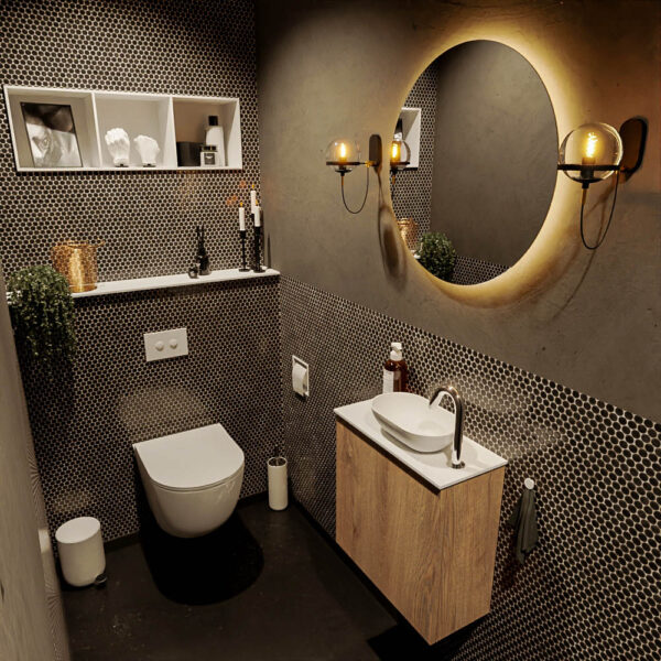 MONDIAZ FOWY toiletmeubel 50cm kleur washed oak. Waskom positie rechts kleur talc | talc. Met 1 kraangat