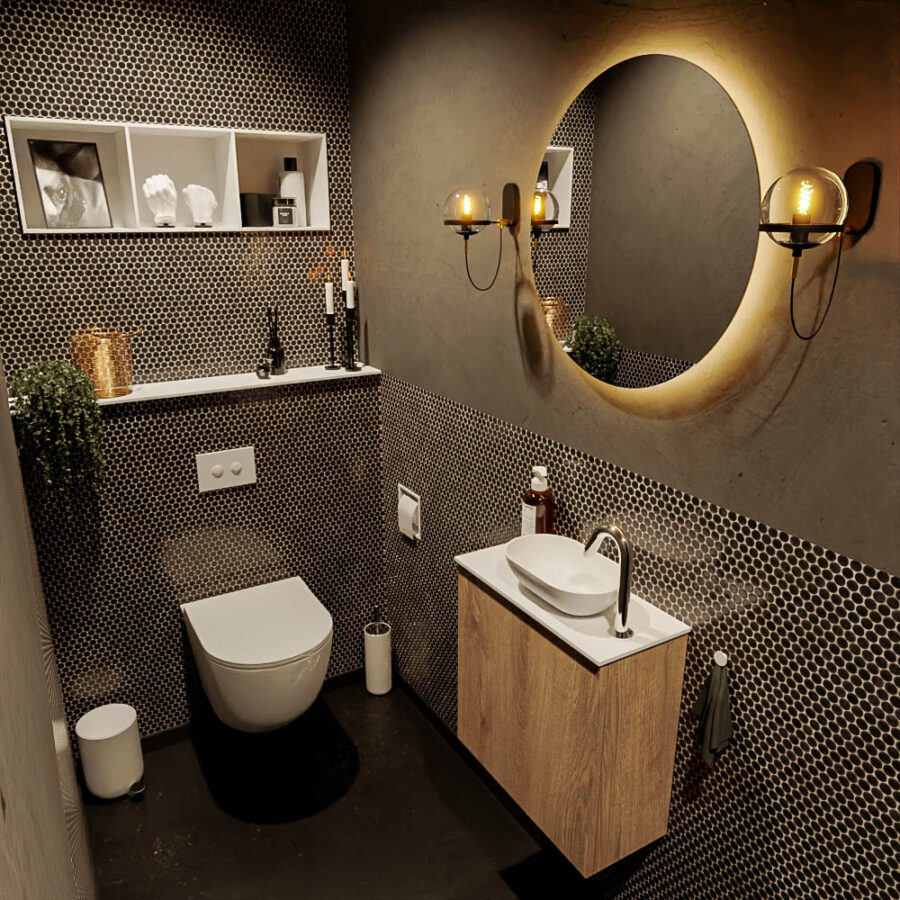 MONDIAZ FOWY toiletmeubel 50cm kleur washed oak. Waskom positie rechts kleur talc | talc. Met 1 kraangat
