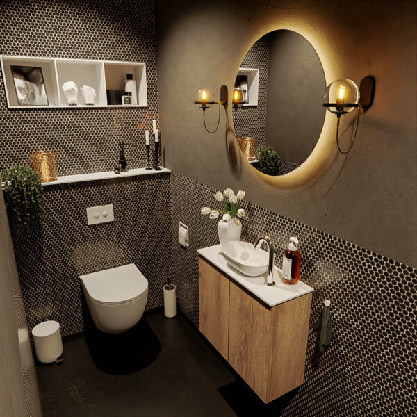 MONDIAZ FOWY toiletmeubel 60cm kleur washed oak. Waskom positie midden kleur talc | talc. Met 1 kraangat