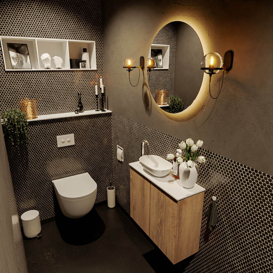 MONDIAZ FOWY toiletmeubel 60cm kleur washed oak. Waskom positie links kleur talc | talc. Met 1 kraangat