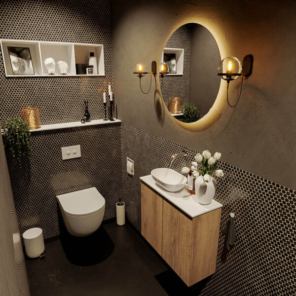 MONDIAZ FOWY toiletmeubel 60cm kleur washed oak. Waskom positie links kleur talc | talc. Zonder kraangat