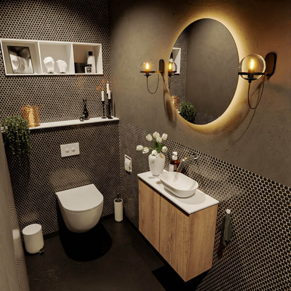 MONDIAZ FOWY toiletmeubel 60cm kleur washed oak. Waskom positie rechts kleur talc | talc. Zonder kraangat