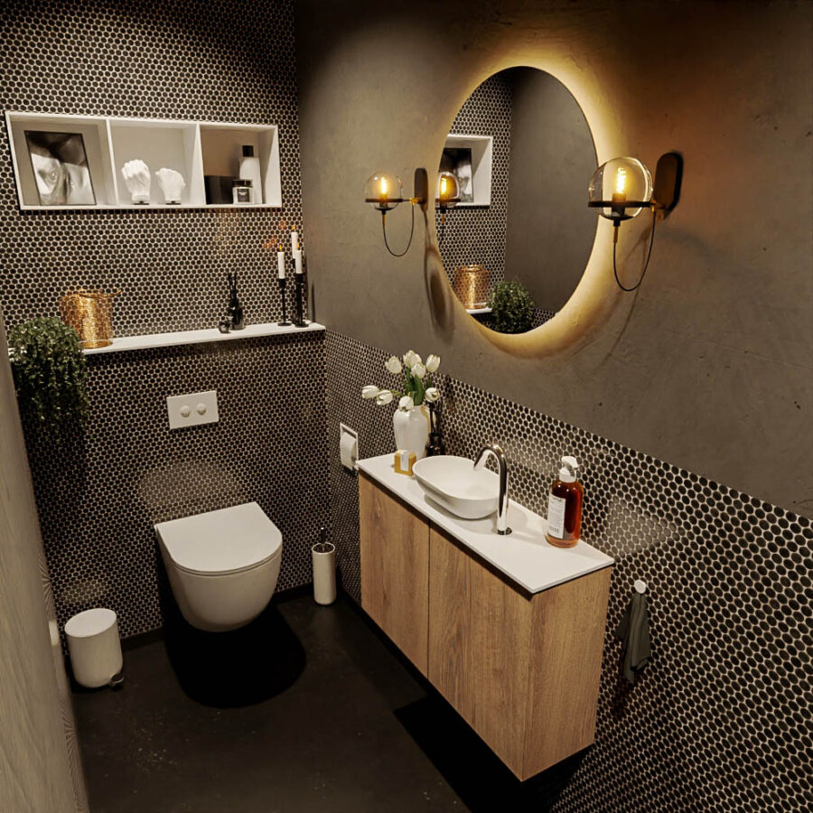 MONDIAZ FOWY toiletmeubel 80cm kleur washed oak. Waskom positie midden kleur talc | talc. Met 1 kraangat