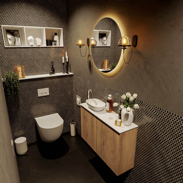 MONDIAZ FOWY toiletmeubel 80cm kleur washed oak. Waskom positie links kleur talc | talc. Met 1 kraangat