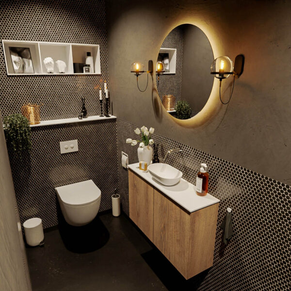 MONDIAZ FOWY toiletmeubel 80cm kleur washed oak. Waskom positie midden kleur talc | talc. Zonder kraangat
