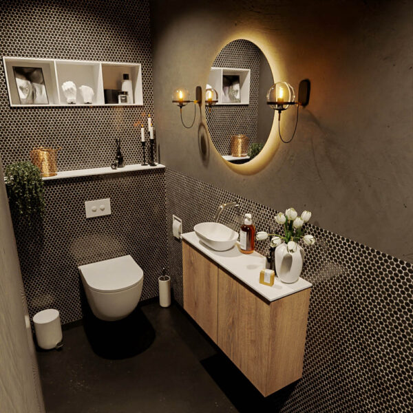 MONDIAZ FOWY toiletmeubel 80cm kleur washed oak. Waskom positie links kleur talc | talc. Zonder kraangat