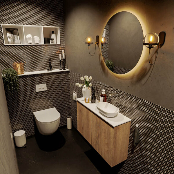 MONDIAZ FOWY toiletmeubel 80cm kleur washed oak. Waskom positie rechts kleur talc | talc. Zonder kraangat