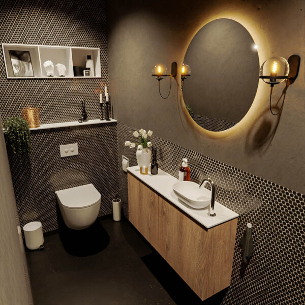 MONDIAZ FOWY toiletmeubel 100cm kleur washed oak. Waskom positie rechts kleur talc | talc. Met 1 kraangat