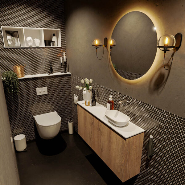 MONDIAZ FOWY toiletmeubel 100cm kleur washed oak. Waskom positie rechts kleur talc | talc. Zonder kraangat