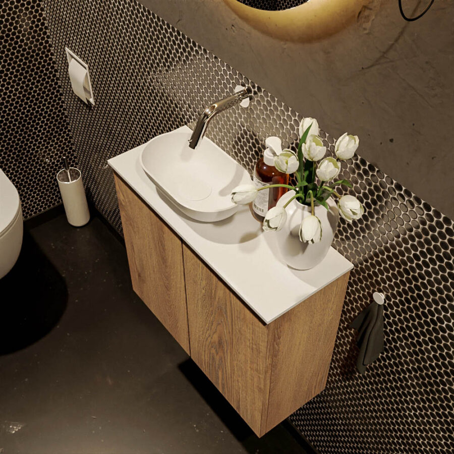 MONDIAZ FOWY toiletmeubel 60cm kleur washed oak. Waskom positie links kleur talc | talc. Zonder kraangat - Afbeelding 3