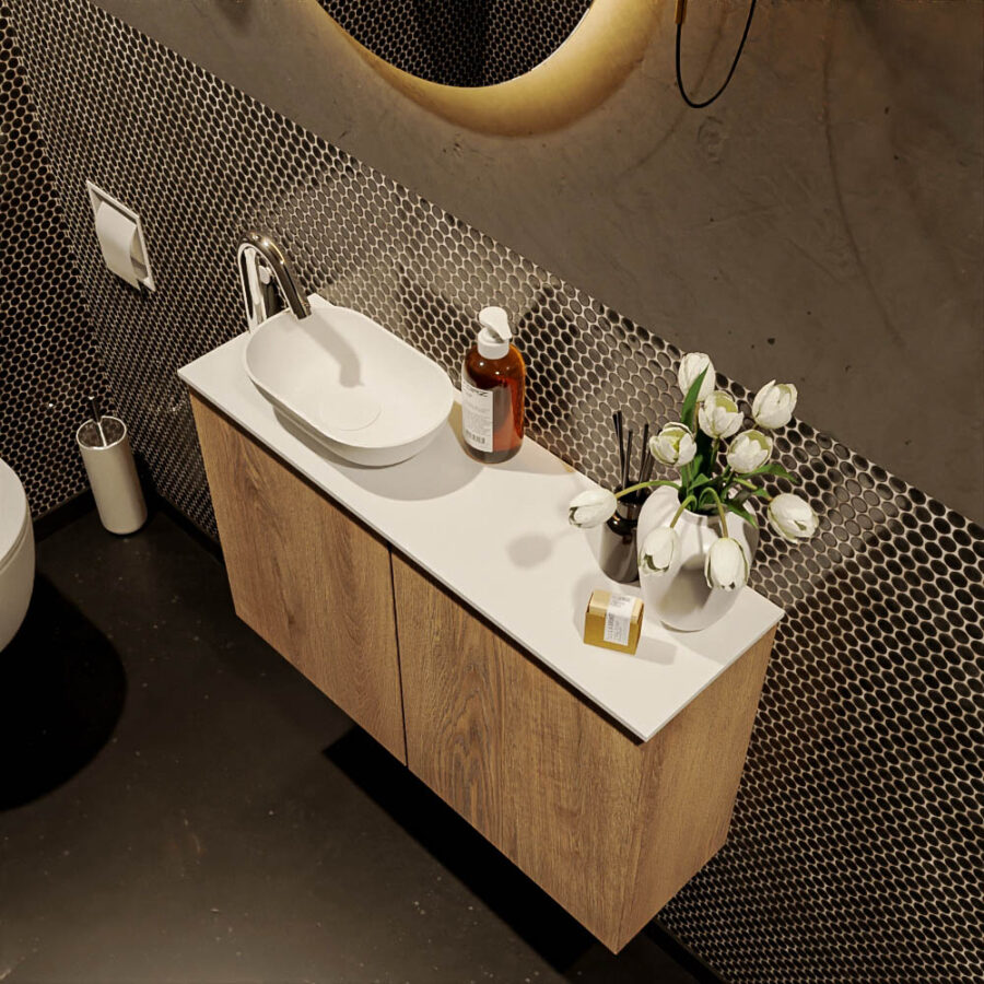 MONDIAZ FOWY toiletmeubel 80cm kleur washed oak. Waskom positie links kleur talc | talc. Met 1 kraangat - Afbeelding 3