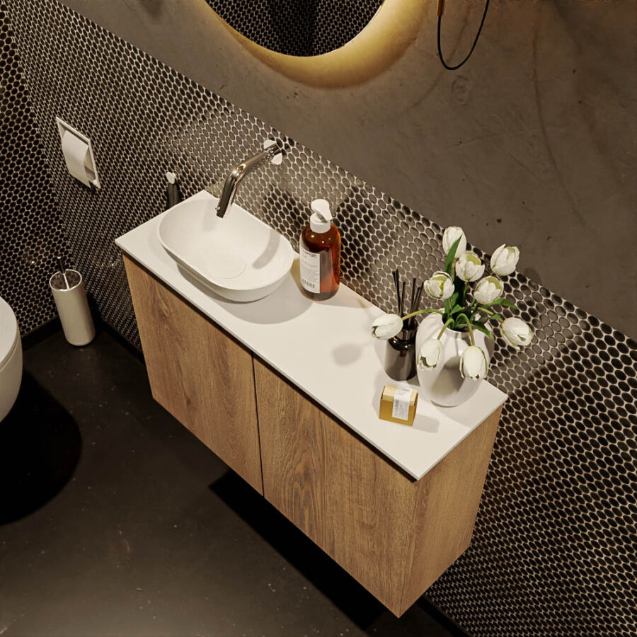MONDIAZ FOWY toiletmeubel 80cm kleur washed oak. Waskom positie links kleur talc | talc. Zonder kraangat - Afbeelding 3